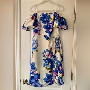 Eliza J One Shoulder Dress with Blue and Purple Floral Design